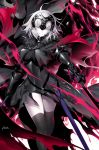  1girl ahoge armor armored_dress bangs black_armor black_legwear breasts cape chain fate/grand_order fate_(series) faulds fire flag fur-trimmed_cape fur_collar fur_trim gauntlets headpiece jeanne_d&#039;arc_(alter)_(fate) jeanne_d&#039;arc_(fate)_(all) kousaki_rui large_breasts looking_at_viewer pale_skin plackart sheath short_hair signature silver_hair smile solo sword thighhighs thighs weapon yellow_eyes 