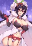  1girl bell black_hair bow bowtie bra breasts breath christmas cleavage clenched_hand elbow_gloves fang feet_out_of_frame fur_collar garter_belt gloves hand_on_hip hat ilya_ornstein kuavera large_breasts lipstick long_hair makeup navel open_mouth panties princess_connect! princess_connect!_re:dive red_eyes santa_hat signature solo underwear very_long_hair 