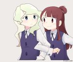  2girls blue_eyes blush brown_hair collared_shirt confused couple diana_cavendish eye_contact gyaheung happy highres kagari_atsuko little_witch_academia locked_arms long_hair looking_at_another luna_nova_school_uniform multicolored_hair multiple_girls neck_ribbon red_eyes ribbon school_uniform shirt simple_background smile two-tone_hair uniform wavy_hair white_background white_shirt yuri 
