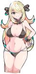  1girl :d arm_behind_back bare_arms bare_shoulders bikini black_bikini black_eyes blonde_hair blush breasts cleavage cropped_legs enpe eyebrows_visible_through_hair fur_bracelet fur_collar hair_ornament hair_over_one_eye hand_on_hip highres large_breasts long_hair looking_at_viewer navel open_mouth pokemon pokemon_(game) pokemon_dppt shirona_(pokemon) simple_background smile solo stomach swimsuit thigh_gap very_long_hair white_background 