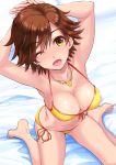 1girl ;d armpits arms_behind_head arms_up bangs barefoot bed_sheet bikini blush breasts brown_hair cleavage collarbone commentary_request eyebrows_visible_through_hair flipped_hair from_above honda_mio idolmaster idolmaster_cinderella_girls jewelry looking_at_viewer looking_up lower_teeth medium_breasts navel necklace one_eye_closed open_mouth orange_ribbon ribbon shiroyukimajima short_hair side-tie_bikini sitting smile solo star star_necklace swept_bangs swimsuit wariza yellow_bikini yellow_eyes 