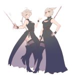  2girls alisaie_leveilleur animal_ears boots bracelet braided_ponytail breasts cat_ears cat_girl cleavage_cutout dress elezen elf facial_mark final_fantasy final_fantasy_xiv hand_on_hip highres jewelry luna_1007 medium_breasts miqo&#039;te multiple_girls nier_(series) nier_automata pointy_ears rapier short_hair sleeveless sleeveless_dress small_breasts staff sword thigh_boots thighhighs weapon white_hair y&#039;shtola_rhul 