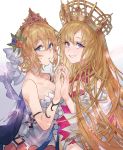  2girls bangs bare_shoulders blonde_hair blue_cape blue_eyes blue_ribbon blush breasts cape chain cleavage collarbone constellation crown dress europa_(fate/grand_order) europa_(granblue_fantasy) fate/grand_order fate_(series) flower gradient gradient_background granblue_fantasy grin hair_between_eyes hair_flower hair_ornament hair_ribbon highres holding_hands large_breasts long_hair long_sleeves looking_at_viewer multiple_girls namesake open_mouth purple_eyes ribbon short_hair smile sparkle star_(sky) tiara very_long_hair waltz_(tram) white_background white_dress white_ribbon 