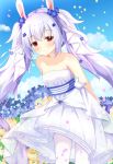  1girl animal_ears arms_behind_back azur_lane bangs blue_flower blue_sky blush breasts brown_flower bunny_ears closed_mouth cloud cloudy_sky commentary_request confetti day dress eyebrows_visible_through_hair flower hair_between_eyes hair_flower hair_ornament kedama_(kedama_akaza) laffey_(azur_lane) long_hair outdoors pantyhose purple_hair red_eyes sky small_breasts smile solo strapless strapless_dress twintails very_long_hair white_dress white_hair white_legwear 
