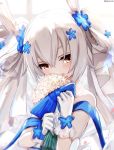  1girl absurdres animal_ears azur_lane bangs bare_shoulders blue_flower blurry blurry_background blush bouquet bunny_ears commentary_request depth_of_field dyolf eyebrows_behind_hair flower gloves grey_hair hair_between_eyes hair_flower hair_ornament head_tilt highres holding holding_bouquet laffey_(azur_lane) laffey_(white_rabbit&#039;s_oath)_(azur_lane) long_hair looking_at_viewer red_eyes signature solo twintails upper_body white_flower white_gloves 