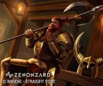  1boy armor axe beard chair company_name copyright_name eyepatch facial_hair gold_armor hand_up headwear_removed helmet helmet_removed holding_polearm horned_helmet indoors lancergrow lantern looking_at_viewer male_focus official_art poleaxe red_hair sitting solo watermark zenonzard 