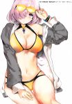  1girl absurdres bikini blush bracelet breasts cleavage collarbone cross cross_necklace dive_to_blue eyewear_on_head fate/grand_order fate_(series) feet_out_of_frame fingernails hair_over_one_eye hand_on_own_thigh highres jacket jewelry large_breasts lavender_eyes lavender_hair looking_at_viewer marushin_(denwa0214) mash_kyrielight multi-strapped_bikini navel necklace parted_lips scan shiny shiny_skin short_hair simple_background sitting skindentation solo sunglasses swimsuit white_background yellow_bikini 