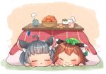  2girls :3 ahoge animal_ears basket blush bow bowtie brown_hair cat_ears chen closed_eyes cup earrings eyebrows_visible_through_hair food fruit grey_hair hat heart ibaraki_natou jewelry kotatsu mandarin_orange mob_cap mochen mouse_ears mug multiple_girls nazrin paw_print short_hair single_earring table teacup touhou triangle_mouth visor_cap 