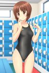  1girl absurdres asics ass_visible_through_thighs bench black_swimsuit blurry breasts brown_eyes brown_hair competition_swimsuit cowboy_shot depth_of_field girls_und_panzer highres indoors locker locker_room logo looking_to_the_side nishizumi_miho one-piece_swimsuit parted_lips short_hair small_breasts solo standing swimsuit takafumi 