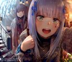  3girls :o artist_name bag bangs blunt_bangs boots brown_eyes brown_hair close-up commentary door eyebrows_visible_through_hair facial_mark fisheye flower foreshortening girls_frontline green_eyes grey_coat grey_hair hair_flower hair_ornament hanbenp handbag hk416_(girls_frontline) holding holding_bag holding_purse lapel_pin long_hair long_sleeves looking_at_viewer multiple_girls one_side_up open_mouth outdoors pantyhose peephole plaid_coat plaid_jacket pov scar scar_across_eye scarf shopping_bag siblings silver_hair sisters twins ump45_(girls_frontline) ump9_(girls_frontline) upper_teeth waving white_coat yellow_eyes 