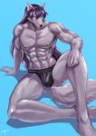  2019 abs anthro arm_support biceps black_clothing black_nose blue_background blue_eyes bulge canid canine cheek_tuft chin_tuft clothing facial_tuft fox fur hair hi_res kkerotix looking_at_viewer male mammal muscular muscular_male nipples pecs purple_hair simple_background solo tuft 