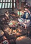  1boy all_fours bangs brown_hair cabbage carrot commentary_request cupboard cushion eating fire fish food hanten_(clothes) highres holding_skewer hotpot indian_style indoors irori_(hearth) japanese_clothes jizaikagi katana kettle kimono lantern looking_at_another male_focus meat mushroom nabe original plate pot raccoon sheath sheathed short_hair sitting skewer spring_onion steam sword tofu vegetable weapon wide_sleeves window wood yellow_eyes zabuton zoff_(daria) 