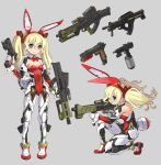  1girl animal_ears assault_rifle blonde_hair blue_eyes breasts bunny_ears bunny_girl bunny_tail bunnysuit detached_collar fake_animal_ears gun hairband handgun highres holding holding_weapon katahira_masashi leotard mecha_musume multiple_views original pistol red_leotard rifle small_breasts strapless strapless_leotard swiss_army_knife tail twintails weapon wrist_cuffs 