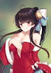  1girl :q agano_(azur_lane) agano_(christmas_eve_tease)_(azur_lane) ahoge azur_lane bare_shoulders bell bow breasts brown_hair christmas cleavage collarbone detached_sleeves dress fur_trim hair_bow highres large_breasts long_hair long_sleeves looking_at_viewer ponytail red_dress red_eyes schreibe_shura smile solo strapless strapless_dress tongue tongue_out upper_body very_long_hair wide_sleeves 