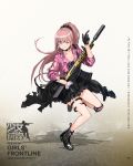  1girl assault_rifle bangs black_choker black_footwear black_jacket black_scrunchie boots breasts character_name choker clothes_around_waist collarbone damaged earrings facial_mark full_body girls_frontline grey_skirt gun highres holding holding_gun holding_weapon infukun jacket jacket_around_waist jewelry logo long_hair looking_at_viewer medium_breasts multiple_piercings musical_note official_art one_eye_closed parted_lips pink_eyes pink_hair pleated_skirt ponytail purple_shirt r5_(girls_frontline) remington_arms remington_r5_rgp rifle scrunchie shirt sidelocks single_knee_pad skirt smile stud_earrings suspenders thigh_strap torn_clothes trigger_discipline weapon white_scrunchie wrist_scrunchie 