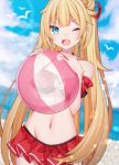  1girl ;d absurdres akai_haato ball bare_shoulders beachball bikini bikini_skirt blonde_hair blue_eyes blue_sky blurry blurry_background cloud cloudy_sky cowboy_shot day depth_of_field groin hair_bun hair_ribbon halterneck hands_up highres holding hololive lens_flare long_hair looking_at_viewer navel one_eye_closed open_mouth outdoors red_bikini ribbon sapphire_(sapphire25252) side_bun sidelocks sky smile solo stomach swimsuit twintails very_long_hair virtual_youtuber water 