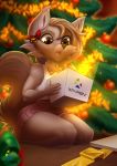  2019 5_fingers anthro blonde_hair bottomwear brown_eyes canid canine canis christmas clothing detailed_background digital_media_(artwork) domestic_dog eyebrows eyelashes female fingers hair hi_res holidays kneeling mammal miniskirt omesore open_mouth skirt solo teeth tongue 