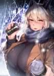  1girl artoria_pendragon_(all) artoria_pendragon_(lancer_alter) black_sweater blush breasts can coat coffee fate/grand_order fate_(series) highres hirasawa_seiji horns huge_breasts looking_at_viewer platinum_blonde_hair ribbed_sweater scarf sweater winter winter_clothes winter_coat yellow_eyes 