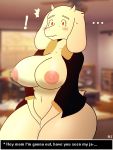  ! ... 2019 anthro areola big_breasts blurred_background blush bodily_fluids boss_monster bovid breasts caprine clothed clothing curvy_figure cute_fangs dialogue emanata embarrassed english_text eyebrows eyelashes female fur hi_res hoodie_stalker horn huge_breasts inside jacket looking_at_viewer mammal masturbation mature_female mostly_nude navel nipples offscreen_character red_eyes slightly_chubby solo surprise sweat sweatdrop text text_box thick_thighs topwear toriel undertale unseen_character video_games voluptuous white_body white_fur wide_hips 