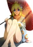  arm_support bangs bare_legs barefoot blonde_hair blue_eyes breasts crossed_legs crown english_commentary feet_out_of_frame floral_print highres holding holding_umbrella japanese_clothes kimono kuno_(runkunochan) leaning_back legs lipstick long_sleeves looking_at_viewer makeup mario_(series) medium_breasts medium_hair oriental_umbrella panties pantyshot parted_lips princess_peach print_kimono red_lips red_umbrella shadow sidelocks simple_background sitting striped striped_panties super_mario_bros. umbrella underwear yukata 