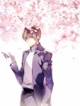  1boy bangs brown_hair buttons cherry_blossoms closed_mouth coat collar collared_shirt flower gloves heshikiri_hasebe kuroemon long_sleeves looking_at_viewer male_focus open_clothes pants parted_bangs petals pink_flower purple_coat purple_eyes purple_pants shirt short_hair simple_background solo standing touken_ranbu white_background white_gloves white_shirt 