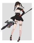 1girl absurdres aer7o bangs black_footwear black_hair black_legwear black_skirt breasts cleavage closed_mouth collarbone covered_collarbone eyebrows_visible_through_hair full_body gloves grey_background gun hair_between_eyes hand_on_hip highres holding holding_weapon long_hair long_sleeves looking_at_viewer medium_breasts original pleated_skirt red_eyes red_gloves rifle shirt shoes skindentation skirt sniper_rifle socks solo standing thigh_strap twintails two-tone_background weapon white_background white_shirt 