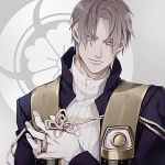  1boy bangs brown_hair buttons closed_mouth collar collared_shirt eyebrows_visible_through_hair eyes_visible_through_hair gloves heshikiri_hasebe holding kiki_(re_6xxx) looking_at_viewer male_focus purple_eyes shirt short_hair solo touken_ranbu upper_body white_gloves white_shirt 