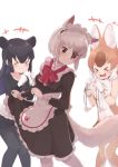  &gt;_&lt; afterimage alternate_costume animal_ears anteater_ears anteater_tail apron bare_shoulders black_dress black_hair black_legwear black_shirt bow bowtie clenched_hands commentary_request dhole_(kemono_friends) dog_ears dress enmaided extra_ears eyebrows_visible_through_hair fang gloves hair_between_eyes japari_symbol kemono_friends kemono_friends_3 light_brown_hair light_brown_legwear long_hair long_sleeves maid maid_apron maid_dress maid_headdress malayan_tapir_(kemono_friends) multicolored multicolored_clothes multicolored_hair multicolored_legwear note_(suzu_note000) open_mouth pantyhose red_neckwear shirt short_hair sleeve_cuffs sleeveless southern_tamandua_(kemono_friends) tapir_ears white_apron white_gloves white_hair white_legwear white_neckwear 