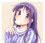  1girl blush bunny commentary_request eating eyebrows_visible_through_hair food hand_up hinata_yukari holding long_hair long_sleeves looking_at_viewer popsicle purple_eyes purple_hair solo striped striped_sweater sweater tatsunokosso yellow_background yuyushiki 