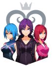  3girls absurdres aqua_(kingdom_hearts) artist_name bangs black_coat_(kingdom_hearts) blue_eyes blue_shirt breasts bustier closed_mouth collarbone commentary_request eyelashes highres hooded_coat kairi_(kingdom_hearts) kingdom_hearts kingdom_hearts_358/2_days kingdom_hearts_birth_by_sleep kuno_(runkunochan) medium_breasts medium_hair multiple_girls open_mouth purple_eyes shiny shiny_hair shirt short_hair sidelocks simple_background sleeveless sleeveless_jacket upper_body xion_(kingdom_hearts) 