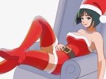  1girl armchair bare_shoulders belt black_hair blue_eyes boots breasts chair christmas crossed_legs dress eyelashes fur_trim guilty_gear hat high_heel_boots high_heels highres i-no j.d._thunderhawk lips looking_at_viewer medium_breasts mole_above_mouth reclining red_footwear red_headwear santa_costume santa_hat short_dress short_hair sitting solo strapless strapless_dress thigh_boots thighhighs white_background zettai_ryouiki 