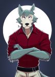  2019 anthro beastars belt blue_body blue_fur bottomwear canid canine canis claws clothing countershading crossed_arms digital_media_(artwork) evergreenzen fur half-closed_eyes hi_res legosi_(beastars) looking_at_viewer male mammal multicolored_body multicolored_fur narrowed_eyes notched_ear pants scar scratched shirt simple_background solo topwear two_tone_body two_tone_fur white_body white_fur wolf 