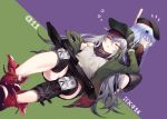  2girls assault_rifle back-to-back beret black_legwear blue_hair blush breasts brown_eyes character_name drooling dutch_angle g11_(girls_frontline) girls_frontline grey_hair gun h&amp;k_g11 hair_ornament half-closed_eyes hat hk416_(girls_frontline) jacket knee_pads kyo long_hair multiple_girls off_shoulder rifle sitting thighhighs weapon 