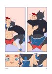  anal anthro anthro_on_anthro anus canid canine comic cuddling duo felid feline hero hi_res male male/male mammal petting rubber snofu text 