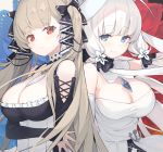  2girls :| anchor_symbol azur_lane blue_eyes blush breasts choker cleavage closed_mouth corset dress elbow_gloves eyebrows_visible_through_hair feet_out_of_frame formidable_(azur_lane) frills gloves hair_ribbon highres illustrious_(azur_lane) large_breasts mole mole_under_eye multiple_girls platinum_blonde_hair red_eyes ribbon side-by-side smile tam-u twintails two-tone_ribbon white_gloves white_hair 