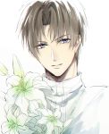  1boy bangs blue_eyes brown_hair buttons collar collared_shirt flower heshikiri_hasebe kasa77322 lily_(flower) looking_at_viewer male_focus parted_lips shirt short_hair simple_background solo touken_ranbu upper_body white_background white_flower white_shirt 