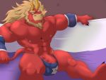  abs anthro armlet balls beard bed biceps big_balls big_muscles biped black_claws blue_clothing brown_background bulge claws clothed clothing demon eyebrows facial_hair feet furniture gardie_(otukimi) hair horn hyper male muscular muscular_male navel nipples on_bed pecs penis red_body red_skin simple_background sitting solo star tan_hair thick_eyebrows thick_thighs toes under_covers waffle_(artist) white_eyes yellow_horn 