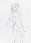  absurd_res anthro biped breasts brown_hair canid canine canis digitigrade dingo female flat_chested green_eyes hair hi_res mammal nude pussy simple_background sketch smile thankfullorris white_background 