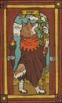  anthro bandage brown_eyes canid canine canis card clothed clothing cloud digital_media_(artwork) fire fur mammal musorok paws plant sky smile solo standing tarot_card text torch wolf 
