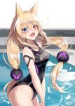  1girl :d animal_ears armband bangs bare_arms bare_shoulders bare_thighs black_swimsuit blonde_hair blue_eyes blush breasts collarbone commentary_request competition_swimsuit dog_ears eyebrows_visible_through_hair eyes_visible_through_hair fang g41_(girls_frontline) girls_frontline hair_ornament happy heterochromia highres indoors leaning_forward long_hair looking_at_viewer multicolored multicolored_clothes multicolored_eyes multicolored_swimsuit one-piece_swimsuit open_mouth outstretched_arms pool pose purple_swimsuit red_eyes shiny shiny_hair shiny_skin shiny_swimsuit shirosaba small_breasts smile solo sparkle sparkle_background swimsuit tagme thighs tongue twintails very_long_hair water wet wet_clothes wet_swimsuit 