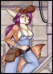  2010 anthro big_breasts black_border blue_eyes border breasts canid canine cleavage clothed clothing ear_piercing female fennec fox fur gloves hair handwear korrok long_hair looking_at_viewer mammal marker_(artwork) mechanic overalls piercing purple_hair solo tomboy tool_belt tools traditional_media_(artwork) worker wraps wrench wrist_wraps 