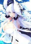  1girl azur_lane bare_shoulders blue_eyes blue_sky blush breasts choker dress elbow_gloves gloves hair_ribbon hat highres illustrious_(azur_lane) itete jewelry lace_trim large_breasts long_hair looking_at_viewer mole mole_under_eye open_mouth pendant ribbon sky solo strapless strapless_dress sun_hat tress_ribbon white_dress white_gloves white_headwear 