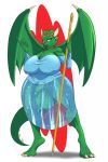  anthro balls barefoot big_balls big_breasts breasts clothed clothing crown dragon dress feet flexible_survival glazed green_body green_skin gynomorph hi_res horn intersex jewelry looking_at_viewer magic_drake necklace penis red_eyes solo staff tiara wings 