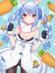  1girl absurdres animal_ear_fluff animal_ears bangs black_gloves black_leotard blue_background blue_hair braid breasts brown_eyes brown_legwear bunny-shaped_pupils bunny_ears carrot carrot_hair_ornament closed_mouth dress eyebrows_visible_through_hair food_themed_hair_ornament fur-trimmed_dress fur-trimmed_gloves fur_trim gloves hair_between_eyes hair_ornament hands_up highres hololive leotard leotard_under_clothes long_hair looking_at_viewer medium_breasts multicolored_hair pantyhose sapphire_(sapphire25252) short_eyebrows smile solo strapless strapless_dress strapless_leotard symbol-shaped_pupils thick_eyebrows twin_braids two-tone_hair usada_pekora very_long_hair virtual_youtuber white_dress white_hair 