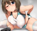  1girl alternate_costume black_gloves blue_eyes blush breasts brown_hair cameltoe cleavage collarbone commentary_request covered_nipples eyebrows_visible_through_hair gloves hair_ornament hairclip kantai_collection large_breasts looking_at_viewer maya_(kantai_collection) micro_shorts one_eye_closed open_mouth puffy_nipples shorts simple_background sitting skindentation solo spread_legs steam sweat tank_top thighhighs thighs wet white_legwear x_hair_ornament yoshi_tama 