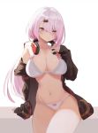  1girl bare_shoulders black_jacket bra breasts cleavage collarbone hair_ornament hairclip hand_up headphones headphones_around_neck jacket jpeg_artifacts large_breasts long_hair long_sleeves looking_at_viewer low_ponytail navel nijisanji off_shoulder open_clothes open_jacket panties pink_eyes pink_hair seinen shiina_yuika sitting smile solo stomach thighs underwear virtual_youtuber white_background white_bra white_panties 