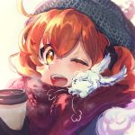  1girl ;d bangs blurry blush breath closed_eyes creature cup depth_of_field disposable_cup fate/grand_order fate_(series) fou_(fate/grand_order) fujimaru_ritsuka_(female) galibo hair_ornament hair_scrunchie hat looking_at_viewer nuzzle one_eye_closed open_mouth orange_hair portrait red_scarf scarf scrunchie shared_scarf side_ponytail simple_background smile winter_clothes yellow_eyes 