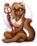  2010 anthro bone bottomless breasts brown_body brown_fur brown_hair cleavage clothed clothing cupcake demon domestic_cat english_text felid feline felis female food fur hair horn low_res mammal michele_light pitchfork skull solo text tools yellow_eyes 