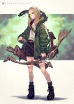  1girl ankle_boots arm_at_side arrow backpack bag belt black_footwear black_legwear black_skirt boots bow_(weapon) closed_mouth commentary_request creature_on_shoulder cross-laced_footwear dragon fantasy flat_chest frown full_body green_eyes green_jacket highres holding holding_arrow holding_bow_(weapon) holding_weapon jacket kusano_shinta lace-up_boots long_hair long_sleeves miniskirt open_clothes open_jacket original quiver skirt sleeves_past_wrists socks standing weapon 