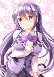  1girl bangs black_skirt blush breasts closed_mouth collared_shirt commentary_request eyebrows_visible_through_hair gochuumon_wa_usagi_desu_ka? hair_between_eyes hair_ornament hairclip hand_up highres large_breasts long_hair long_sleeves purple_eyes purple_hair purple_vest rabbit_house_uniform shirt skirt sleeves_past_wrists smile solo tedeza_rize twintails uniform very_long_hair vest waitress white_shirt zenon_(for_achieve) 